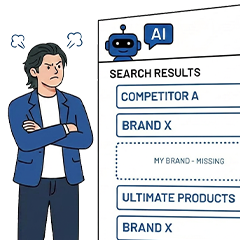 AI検索で自社ブランドが表示されない課題のイラスト